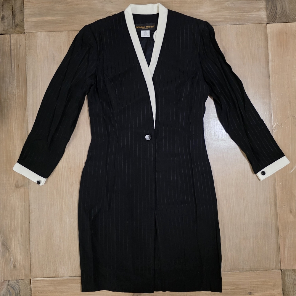 Vintage Donna Ricco New York Black Pinstripe Blazer Dress White Trim Size 8